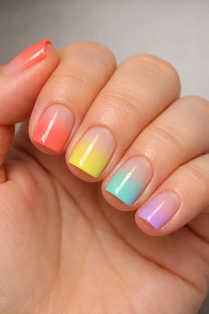rainbow ombre nails with coral yellow mint blue and lilac gradient across short square nails