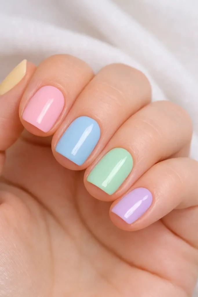 Rainbow pastel mix nail ideas with one colour per nail in blush sky mint butter lavender