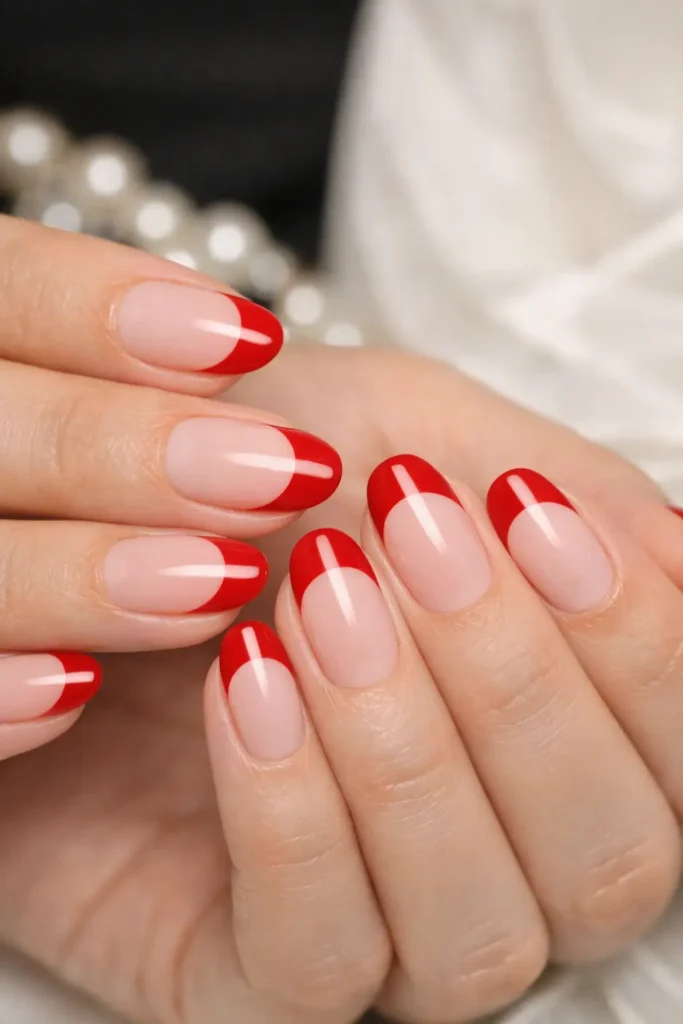 Red french tip nails with glossy red tips on sheer nude base on oval stiletto nails