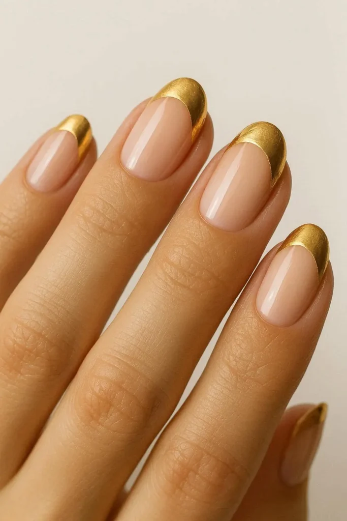 Reverse French tip nails with gold painted at the cuticle base