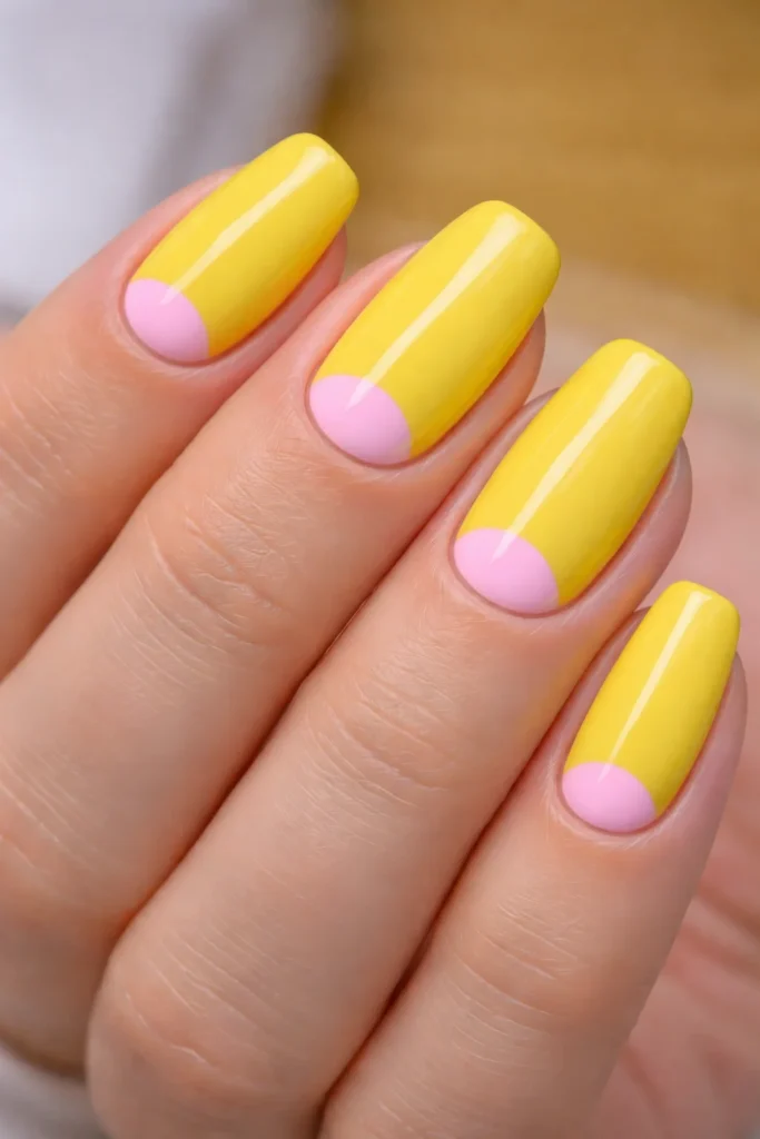 Reverse French manicure with pink curved line at cuticle on sunny yellow nails