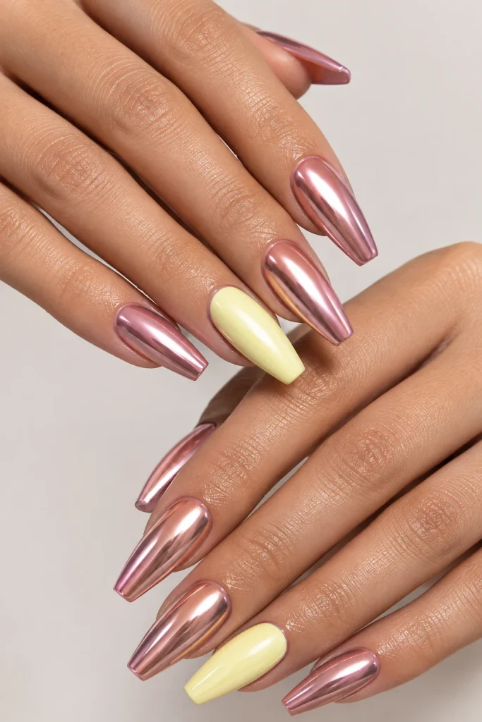 Rose chrome coffin nails paired with one lemon cream accent nail