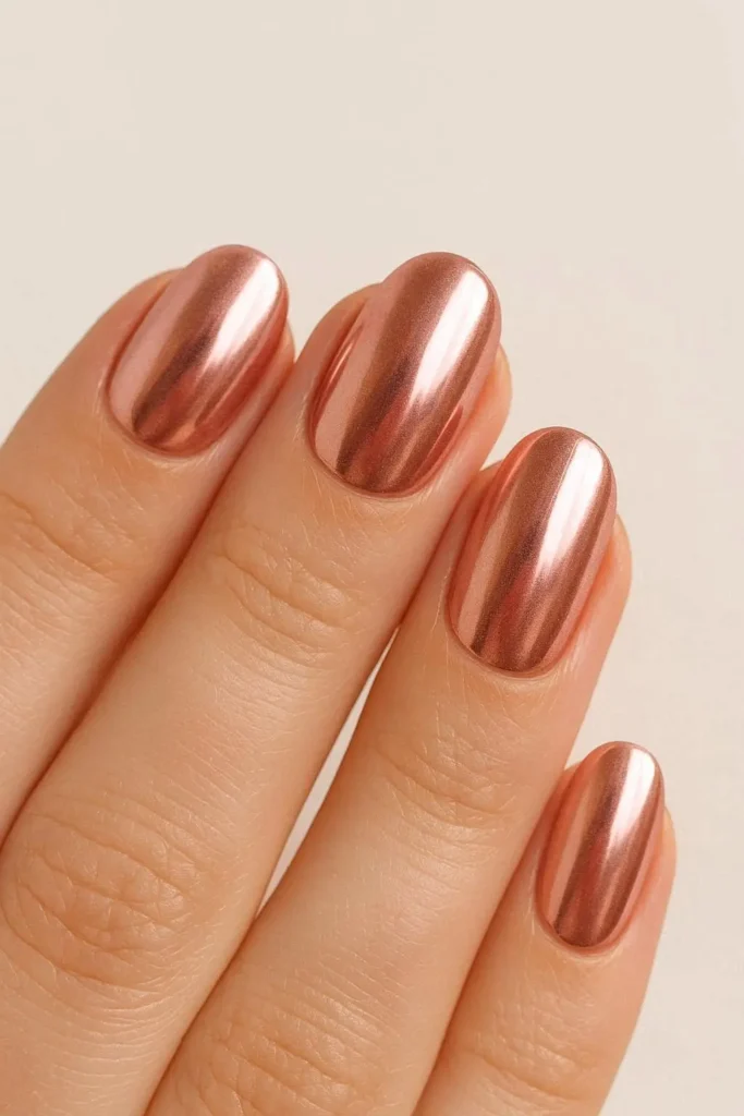 Rose gold chrome nails with a mirror-like metallic finish