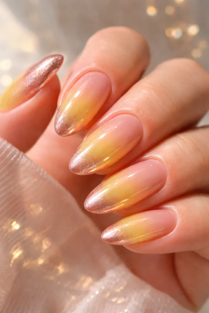 Sheer yellow jelly nails with rose gold chrome powder swept over the tips on oval shape