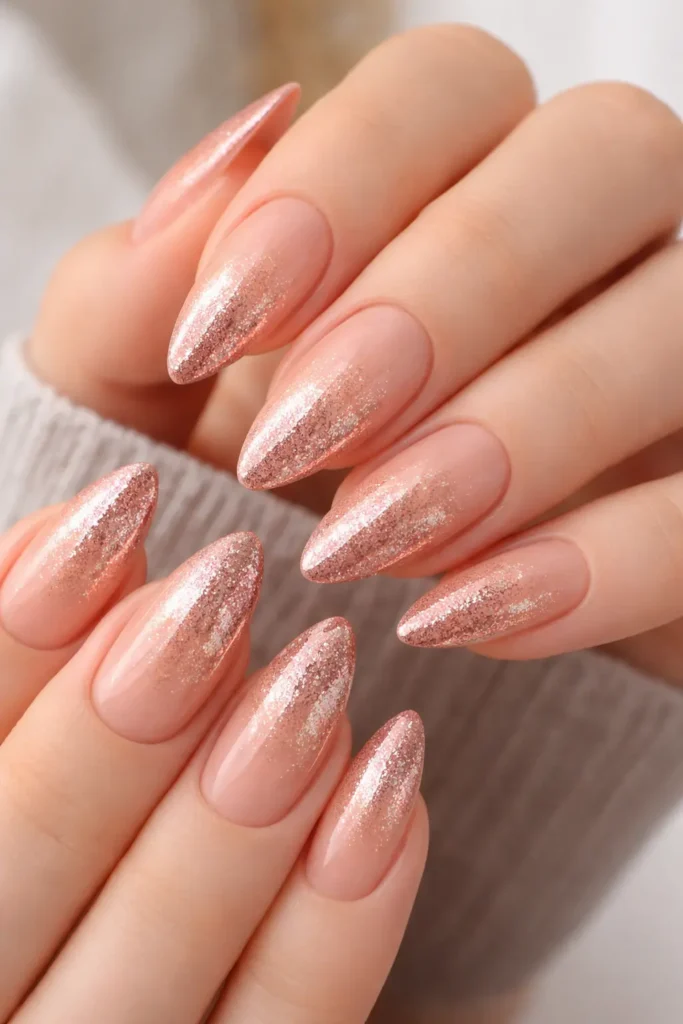 rose gold ombre nails with metallic shimmer gradient over peachy nude base on almond nails

