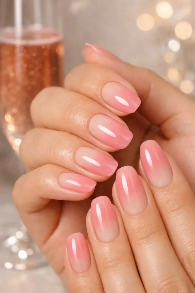 Rosé ombré gradient nails for birthday in blush and nude