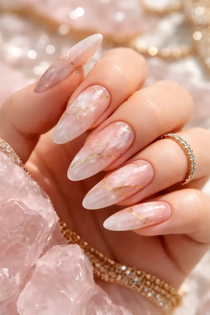 Rose quartz marble pastel nail designs with white and gold veining on pink base