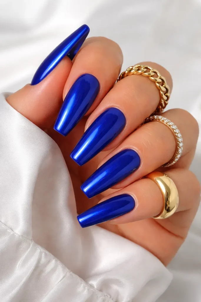 Bold royal blue nails with high-gloss finish
