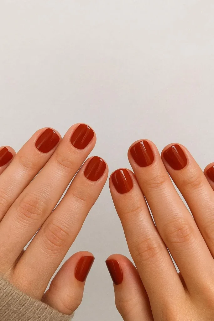 Rust red short nails as a warm summer to fall nail color transition