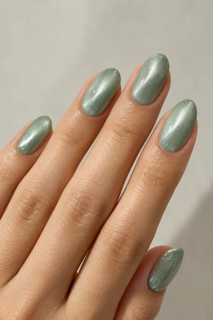 Sage mint velvet nails with magnetic shimmering glow
