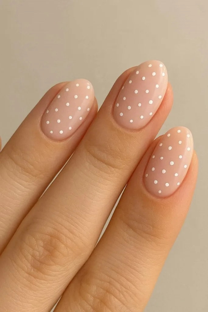 Scattered gold dot confetti nails on white base
