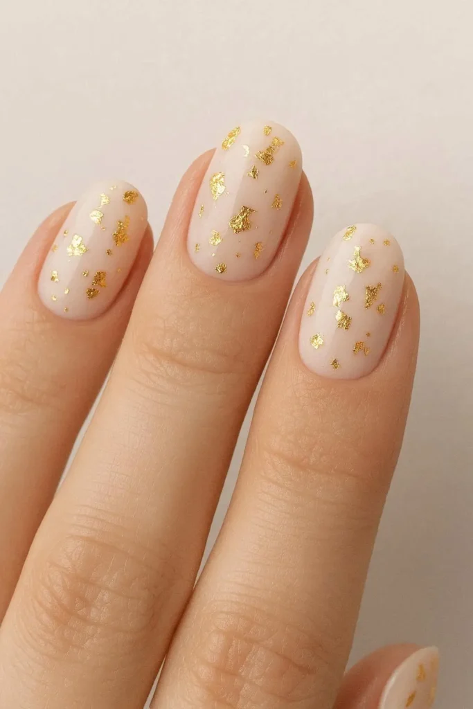 Scattered gold leaf nail art on a soft blush base