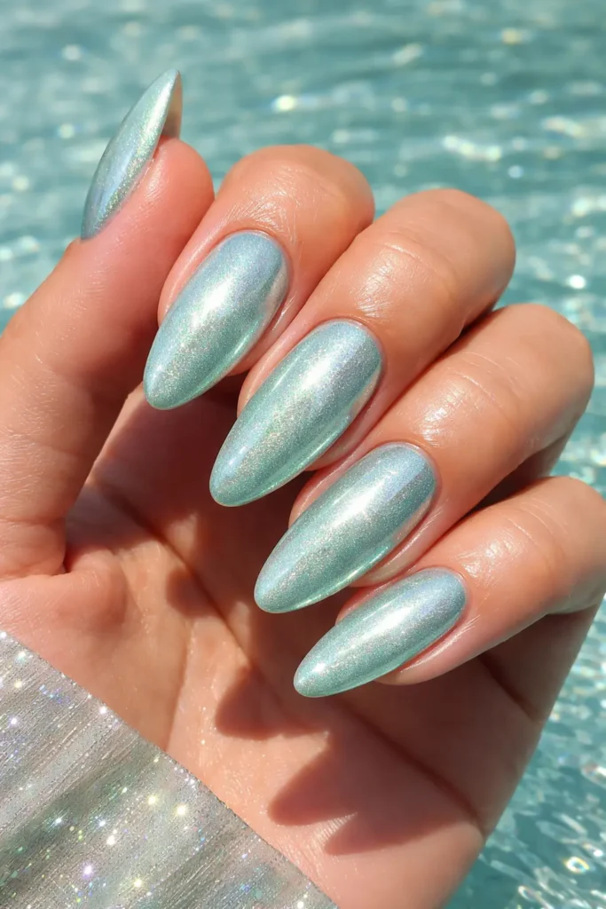 Seafoam chrome pastel nail designs with full shimmer powder finish on short nails
