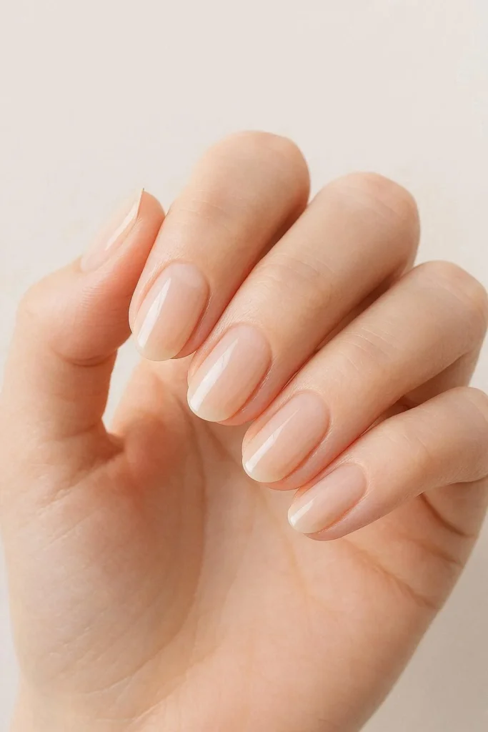 Sheer milky nude nails with a translucent barely there finish on short natural nails