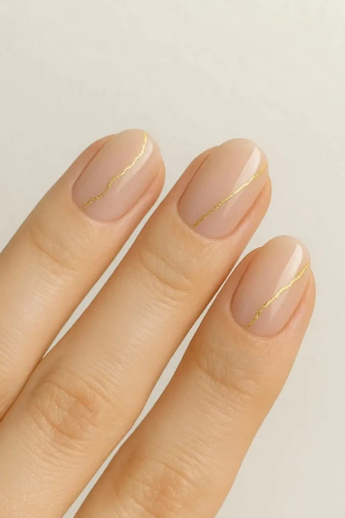 Sheer nude nails with a hand-painted gold vein design