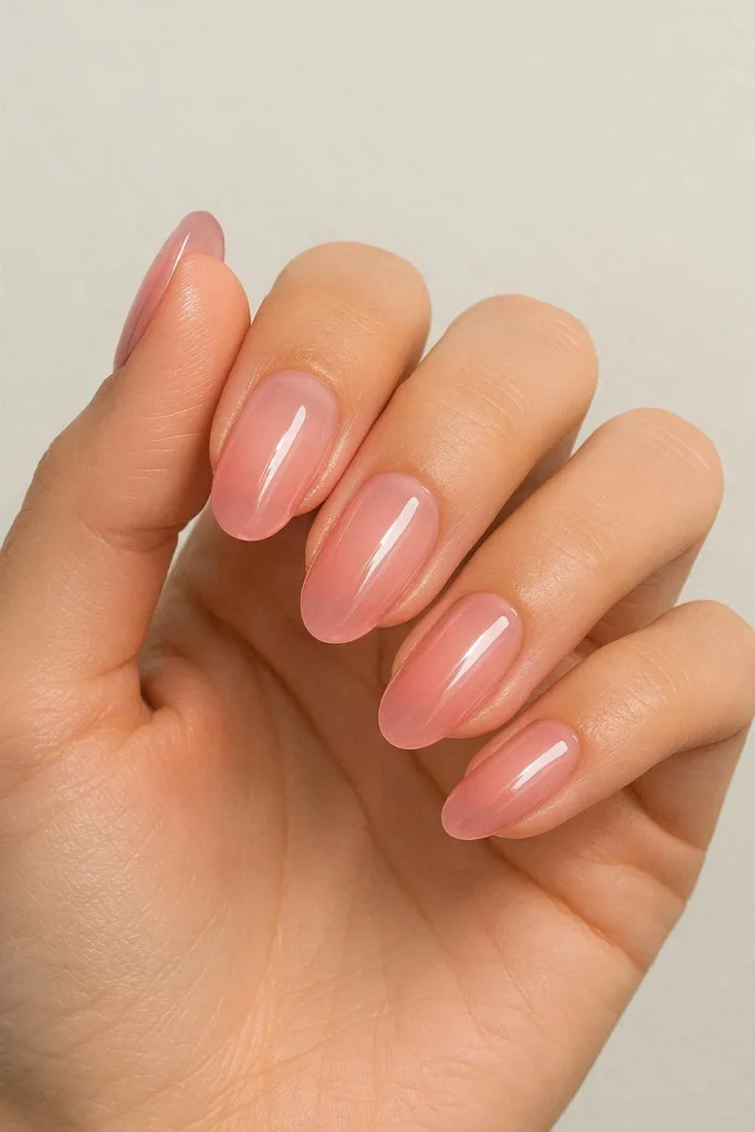 Sheer pink jelly nails with glossy transparent finish for end of summer