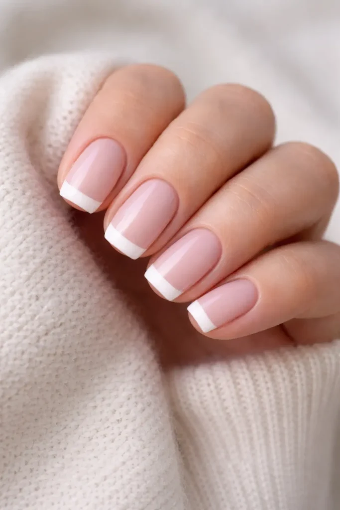 Short french tip nails with thin white tip line on square squoval shaped nails