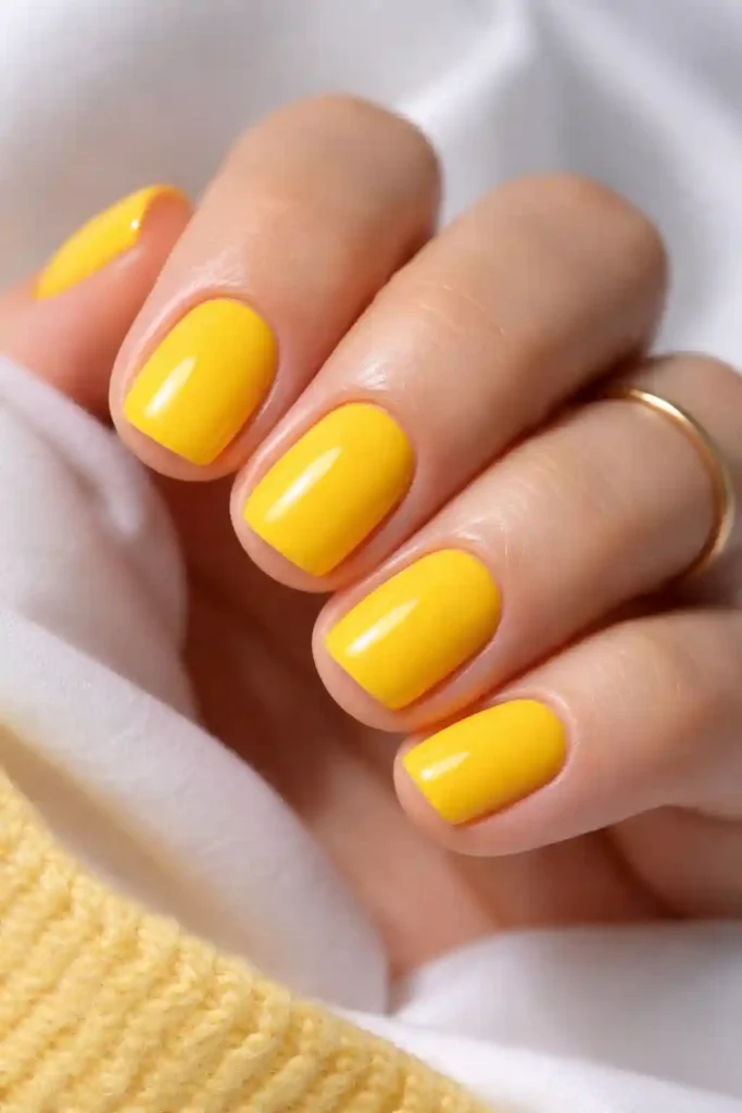 Short glossy yellow nails clean and minimal