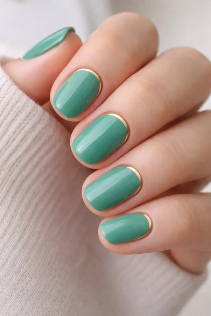 Short rounded jade green nails with a thin gold line detail in a minimalist style