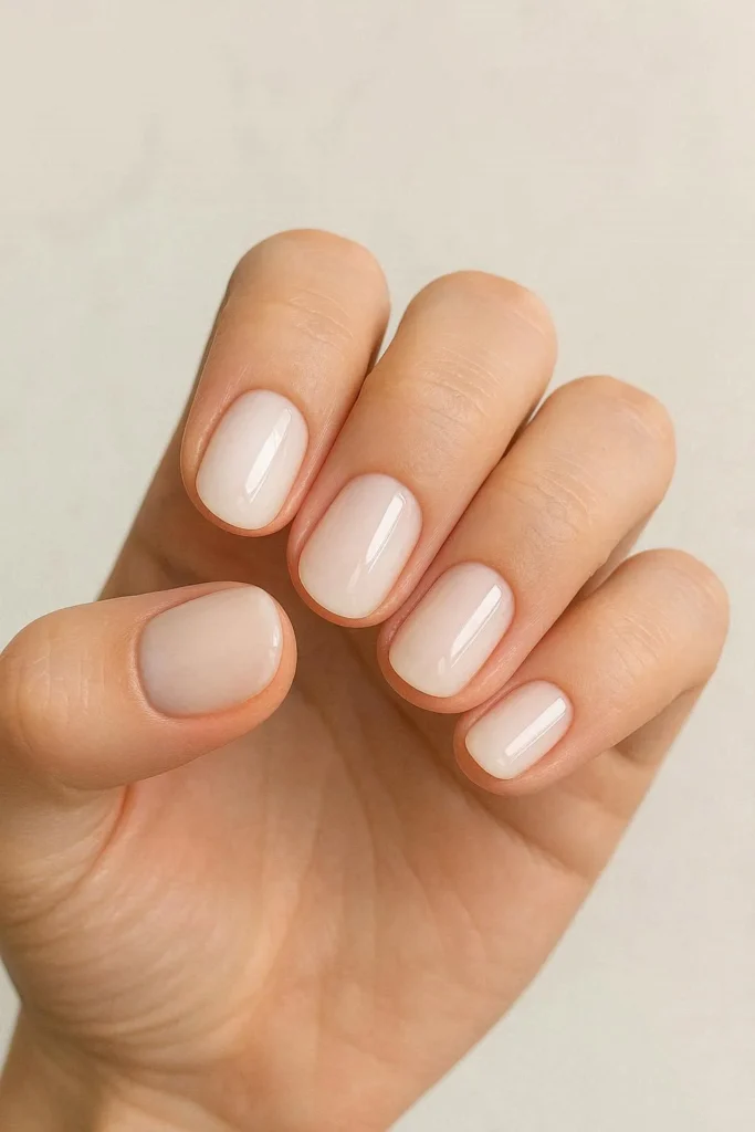 Short milky nails with a clean glossy creamy finish on a squoval shape