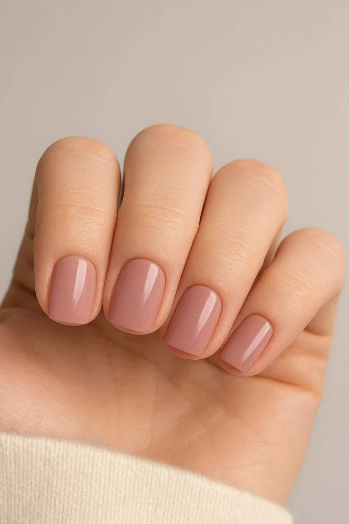 Short square minimalist nails in soft dusty rose
