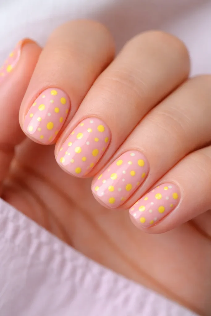 Pink short round nails covered in tiny yellow polka dots like confetti