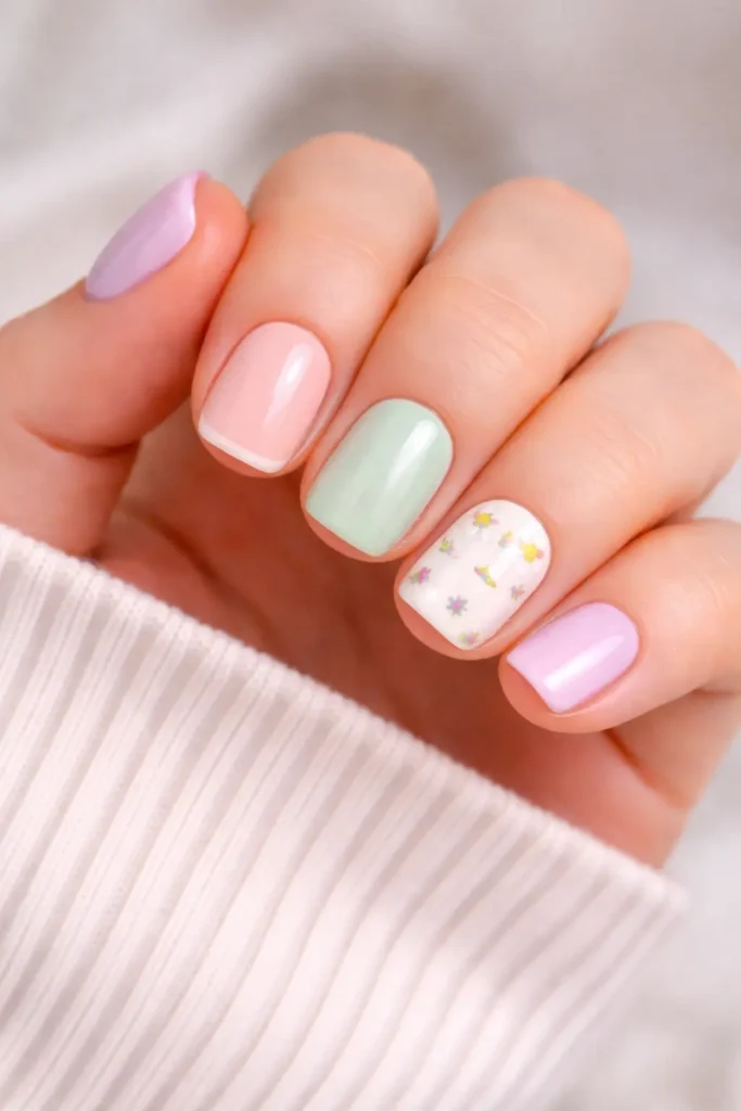 Short spring nails painted in a glossy soft peach shade on rounded short nail shape
