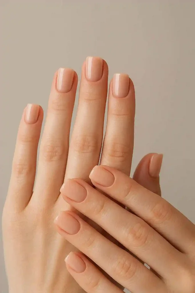 Short square gel nails with clean flat tips in bold coral polish
