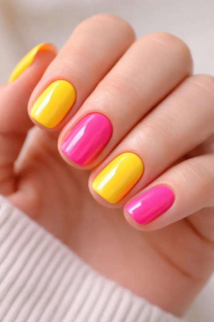 Short squoval nails in alternating canary yellow and hot pink polish