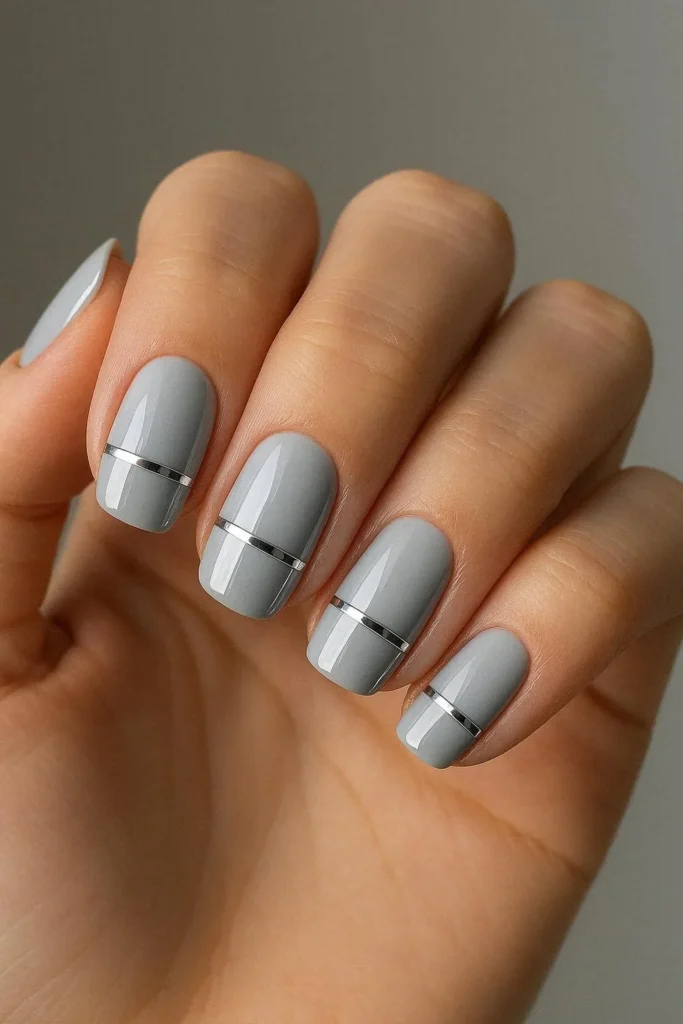 Thin silver chrome line accent on white nails