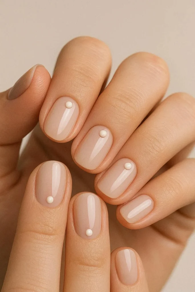 Single dot nail art on minimalist nude nails
