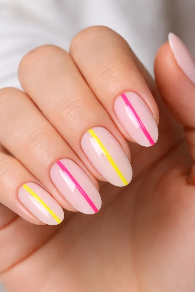 Minimalist pink and yellow single stripe line art nails on a nude base