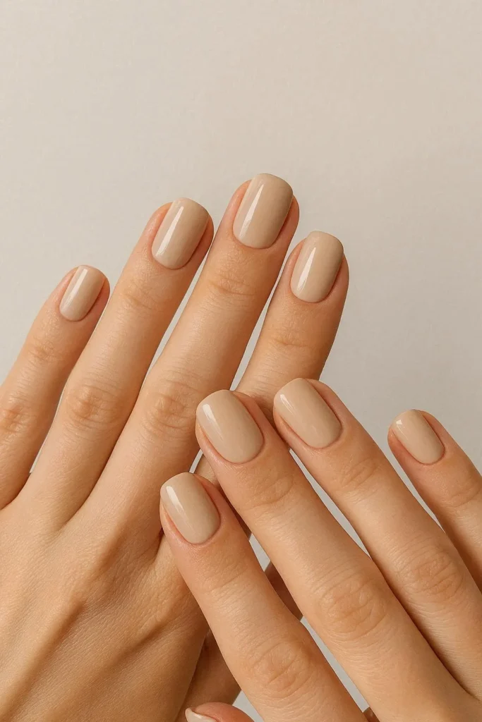 Soft beige neutral nails with a clean classic satin finish
