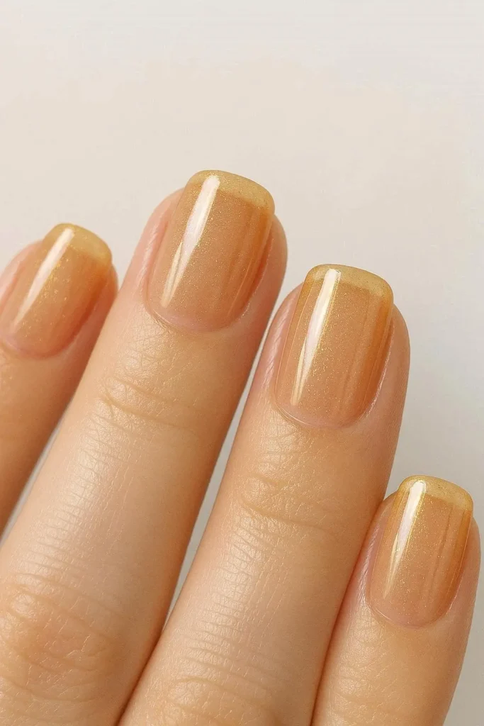 Sheer soft gold jelly nails with a translucent glowing finish