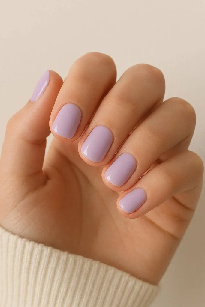 Soft lilac short nails with a dainty pastel purple finish
