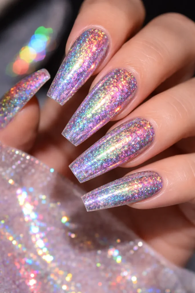 Sparkle holographic coffin nails with a prismatic rainbow finish on long nails