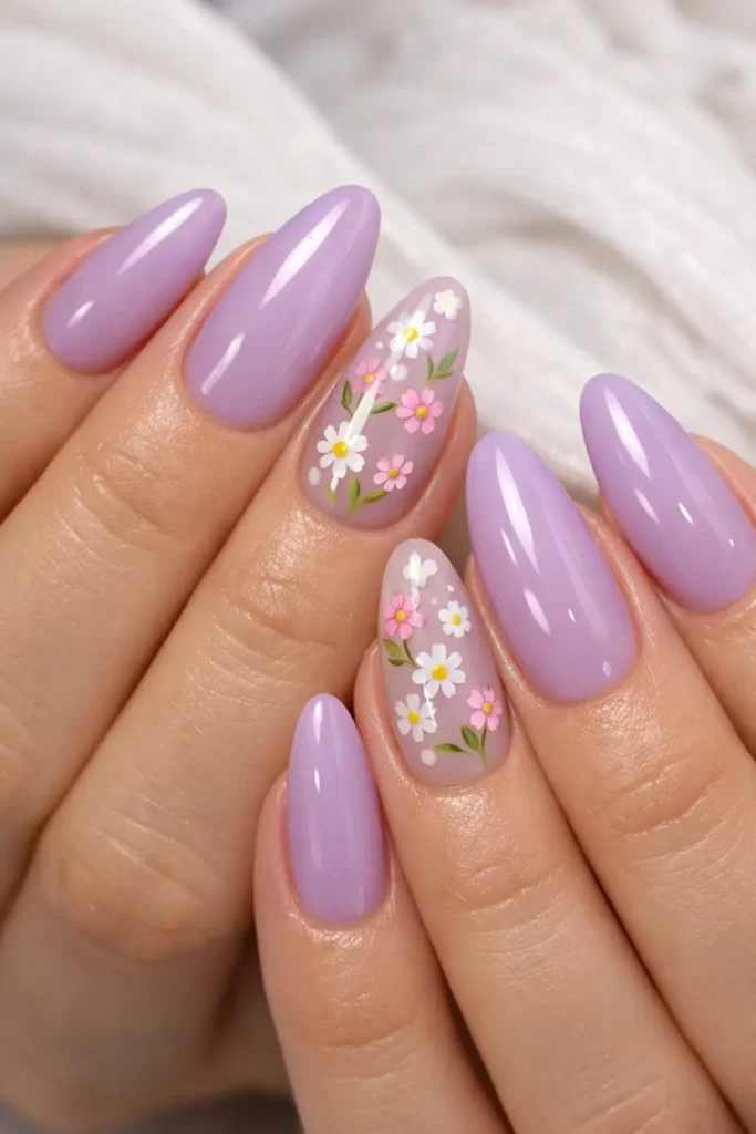 Spring almond nails in sheer lavender with a glossy finish and tiny hand-painted floral accents
