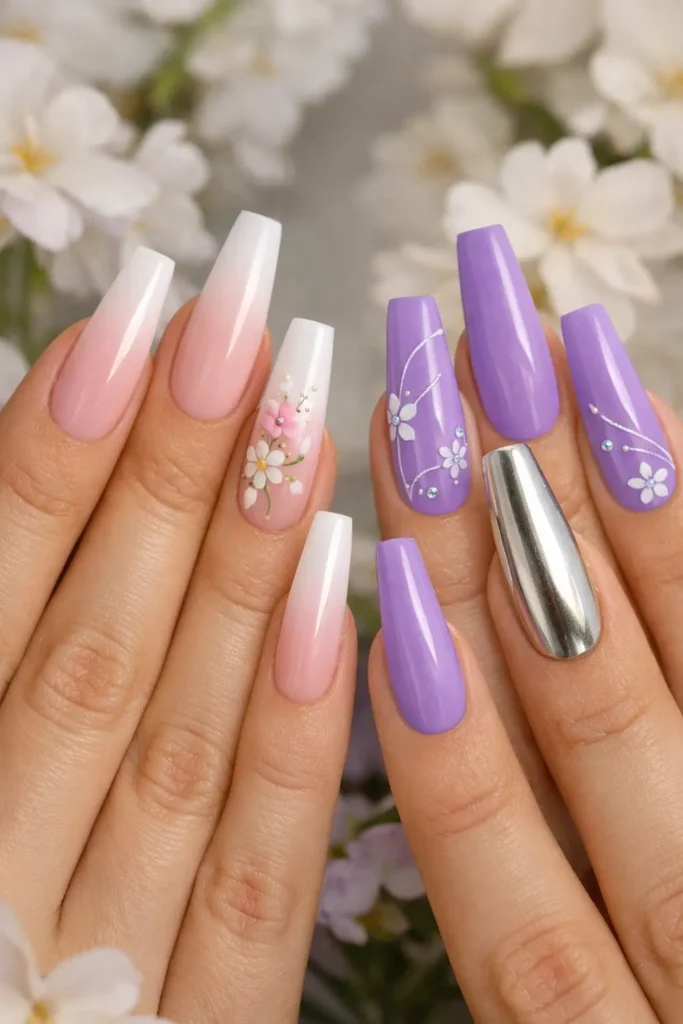 Spring coffin nails with a blush to white ombre gradient on long coffin-shaped nails
