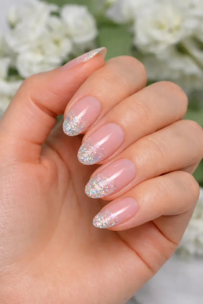 Spring glitter nails with iridescent holographic glitter tips over a sheer pink base
