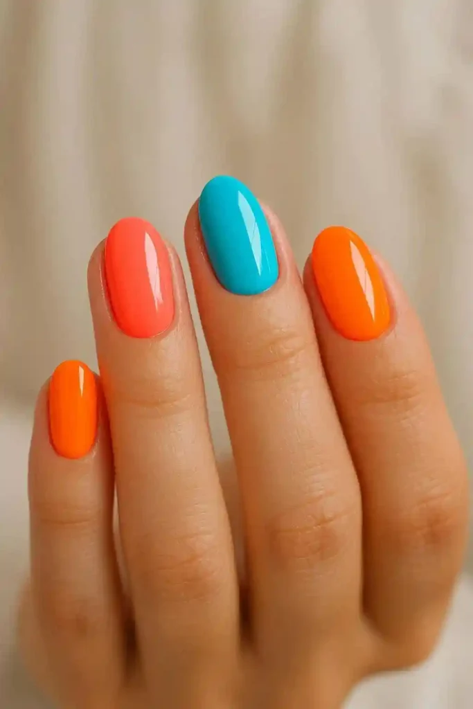Summer bright gel nails in neon coral and electric turquoise shades
