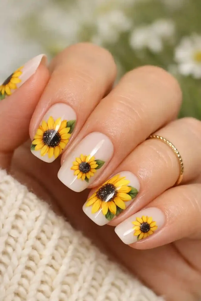 Sunflower nail art on neutral base
