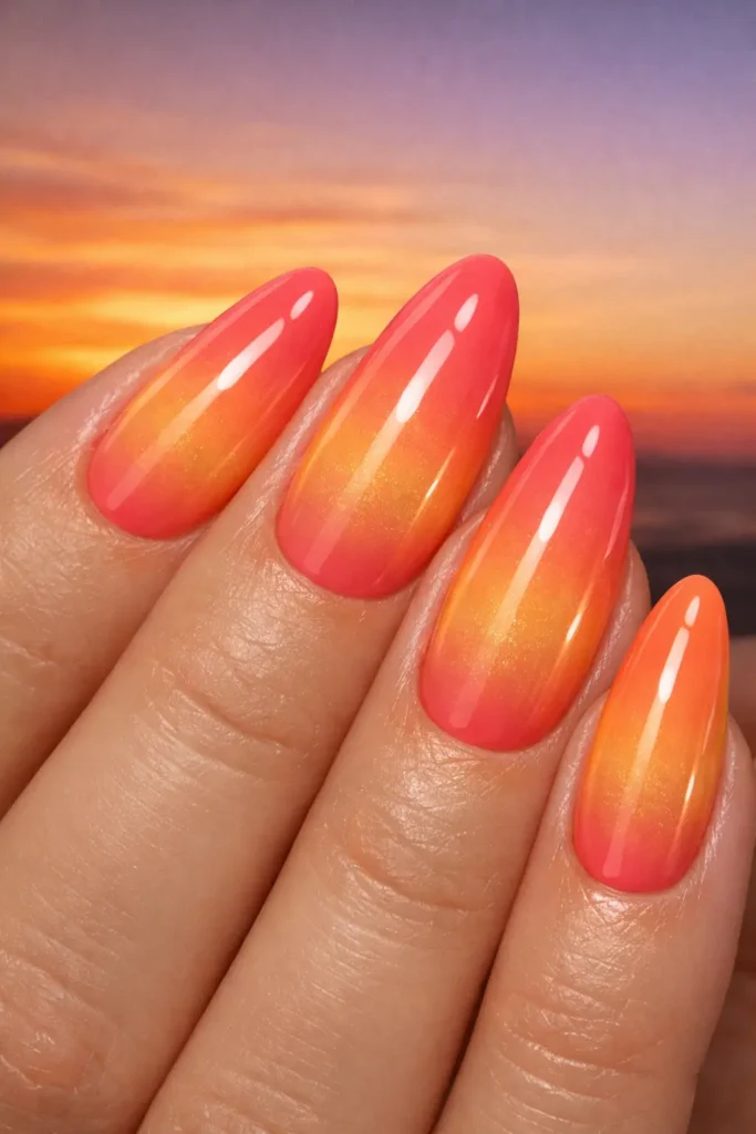 sunset ombre nails with warm coral peach and orange gradient on stiletto nails