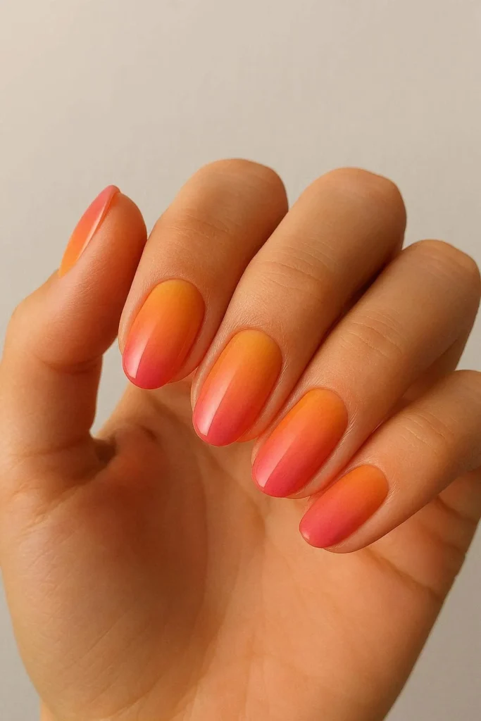 Sunset ombre nails fading from orange to pink for August nail ideas