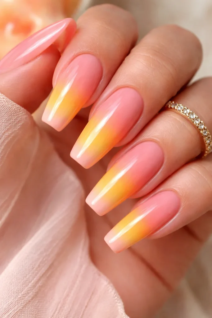 Sunset sorbet ombre nails blending soft blush pink into golden yellow
