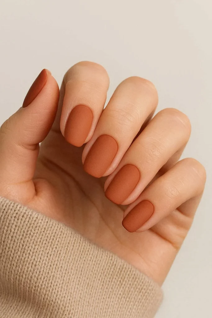 Terracotta matte nails in warm earthy tones for late summer manicure