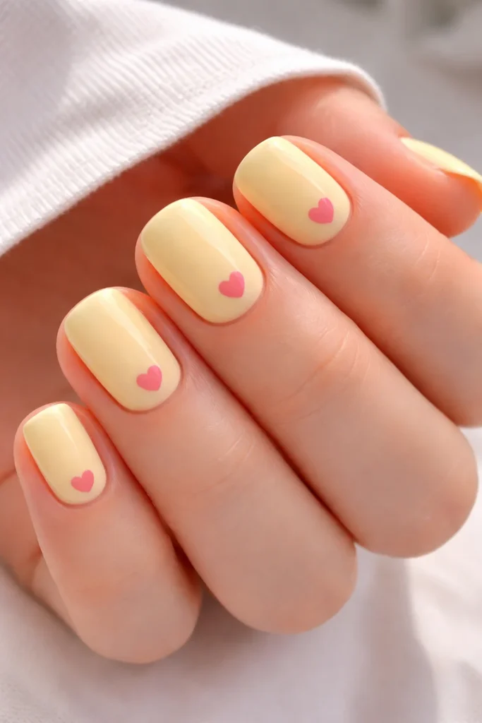 Yellow nails with small pink heart accent near the cuticle on short nails