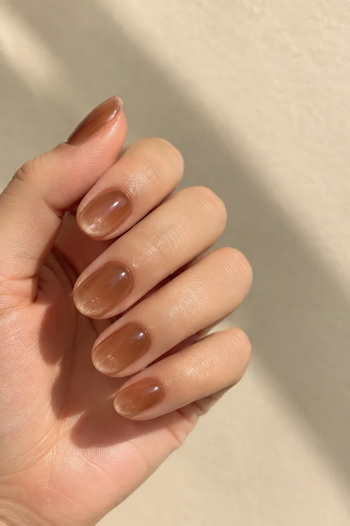 Sheer toffee brown jelly nails with glossy glass finish