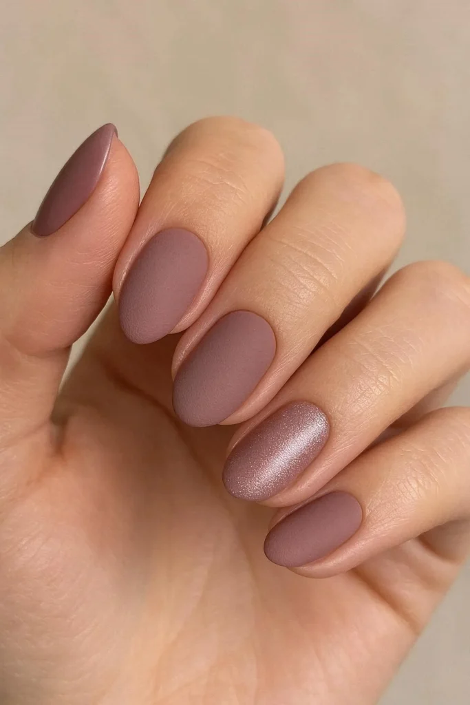 Tonal dusty mauve nails in matte glossy shimmer finishes
