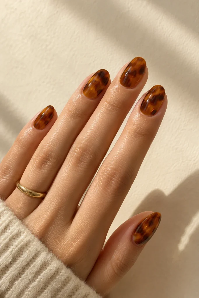Tortoiseshell amber and brown swirl nail design