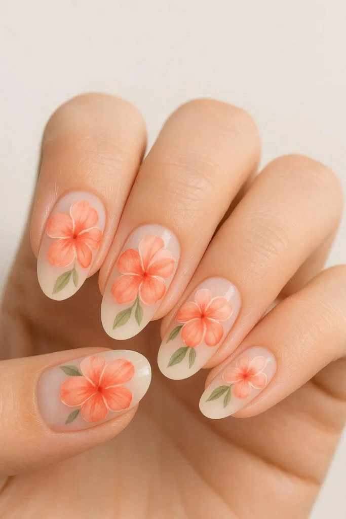 Tropical floral coral nails with hand painted hibiscus flowers in coral and blush on a white base